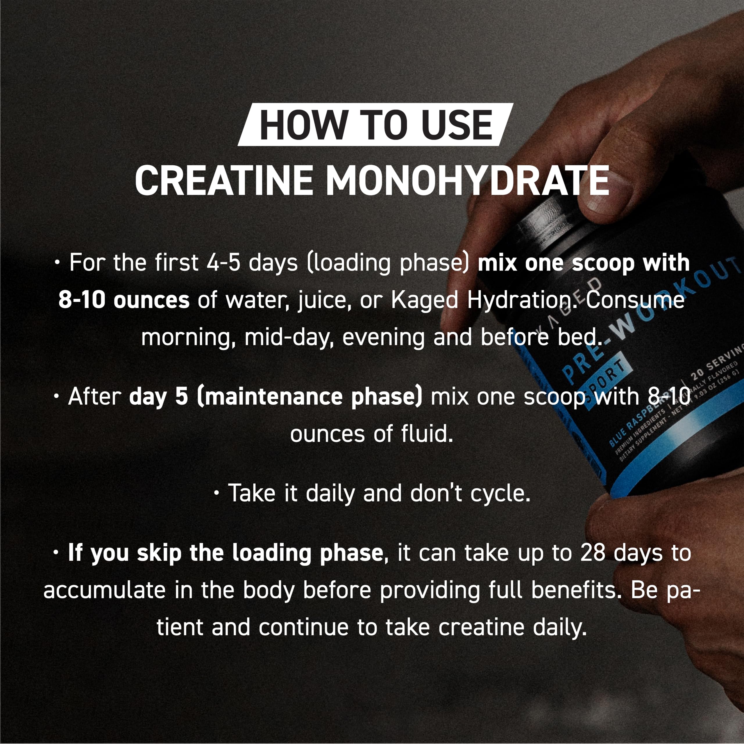 Kaged Creatine Monohydrate powder pouring into glass for quick mix