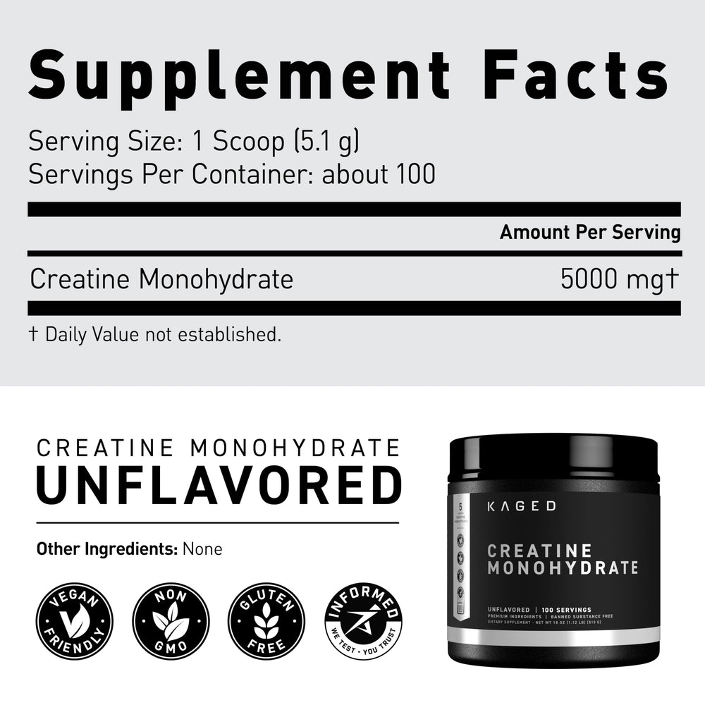 Kaged Creatine Monohydrate vegan gluten-free badge on container