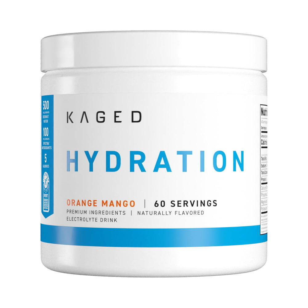 Kaged Daily Hydration tub label highlights electrolytes and taurine for quick hydration.
