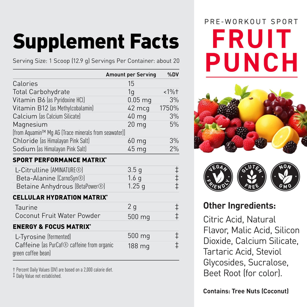 Kaged Sport Pre Workout fruit punch ingredient panel highlighting caffeine and electrolytes
