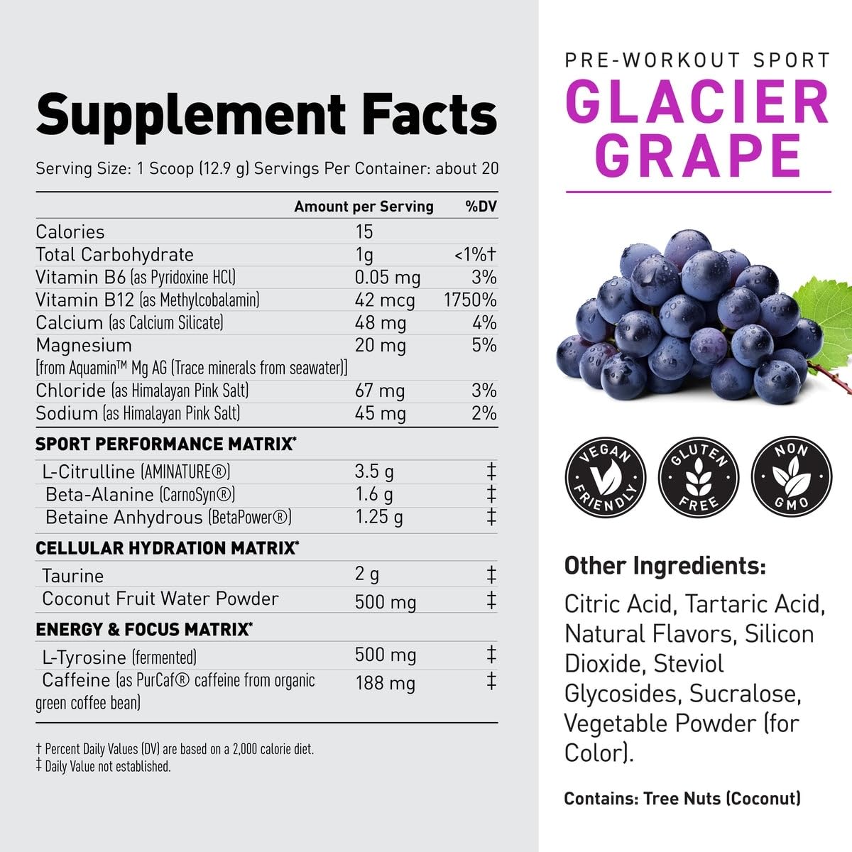 Kaged Sport Pre-Workout Glacier Grape label close-up with clean label claims