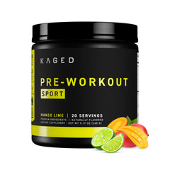 Kaged Sport Pre-Workout mango lime tub front label highlights a clean energy formula.