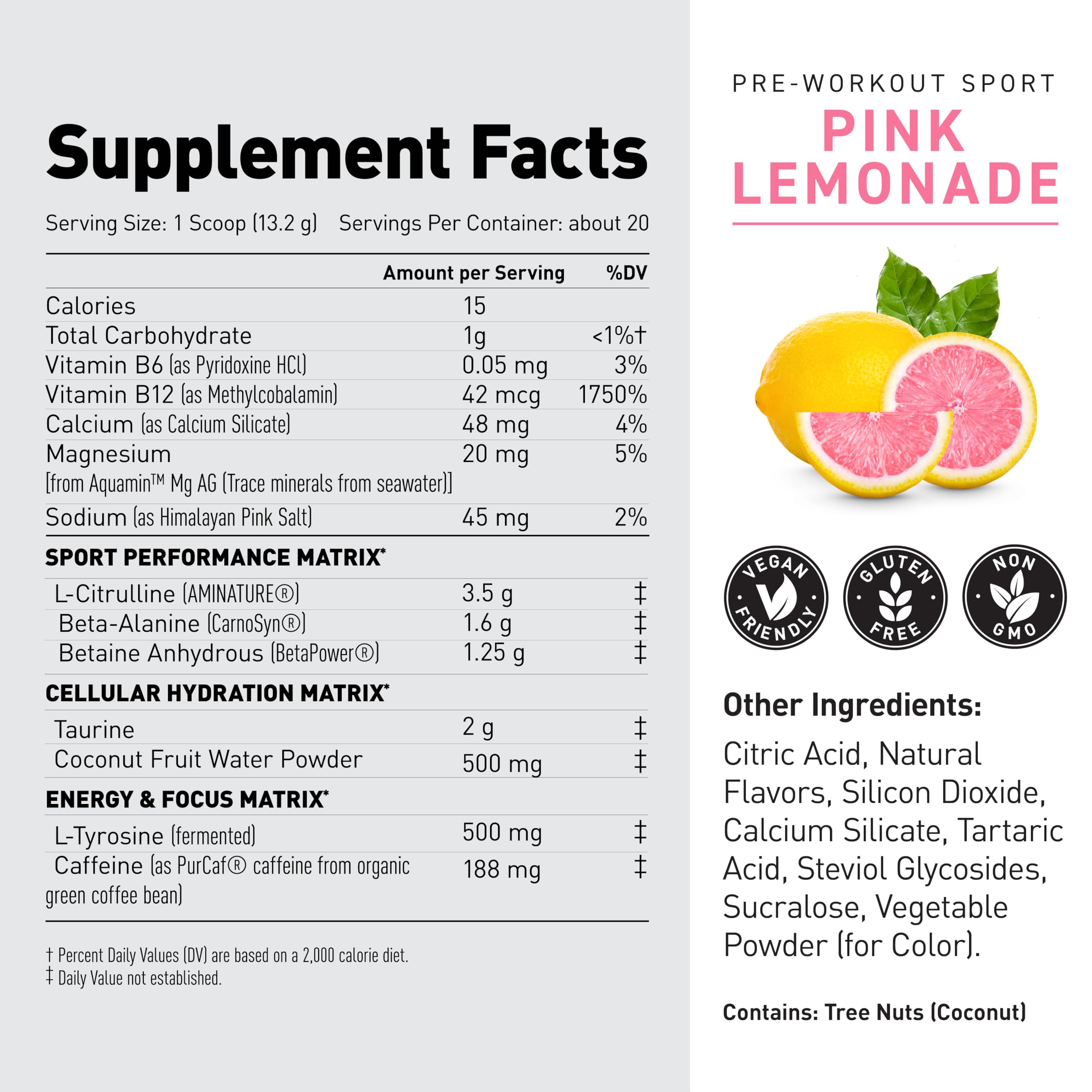 Kaged Sport Pre Workout Pink Lemonade caffeine boost supports steady stamina