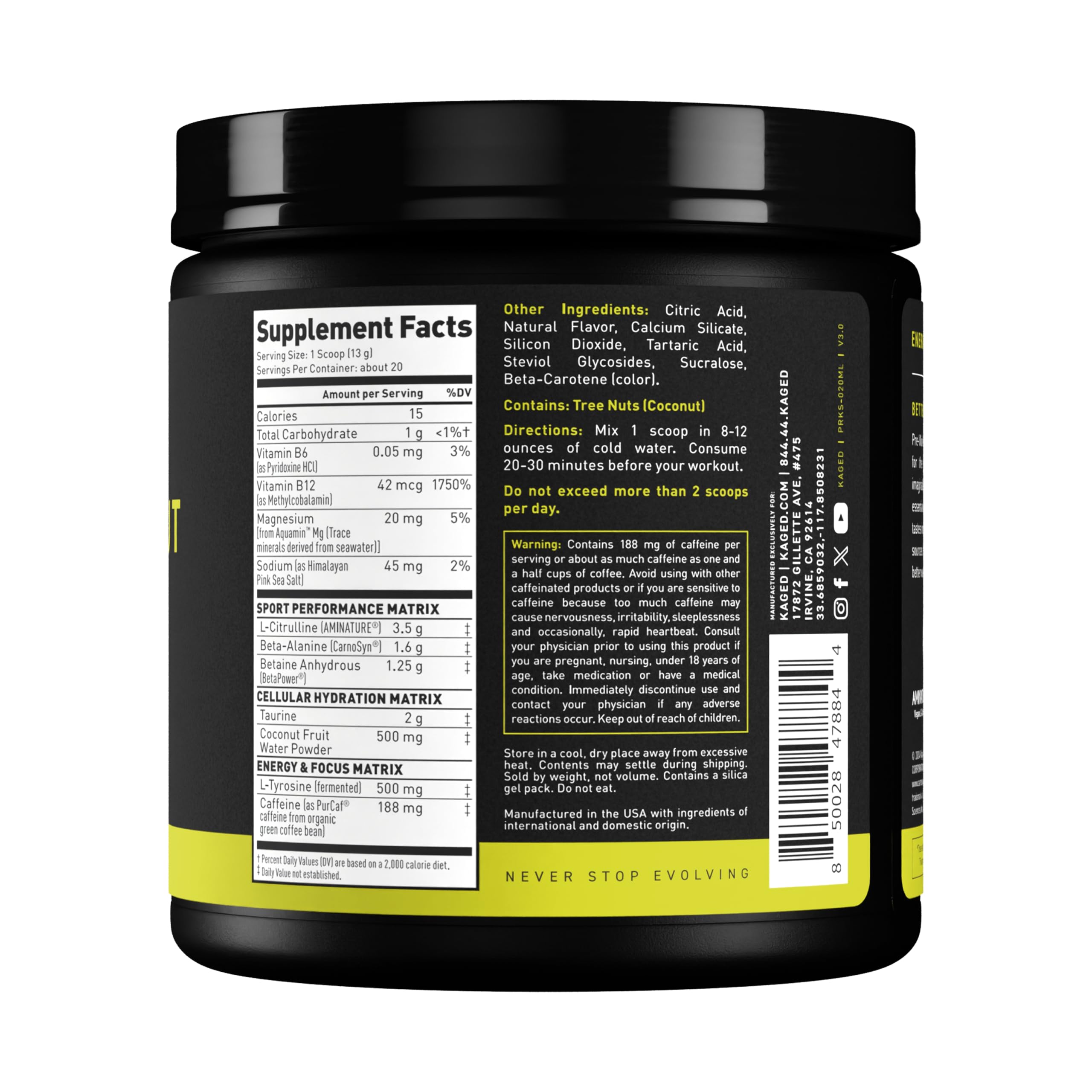 Kaged Sport Pre-Workout tub branding with sport-certified label signals quality and safety.