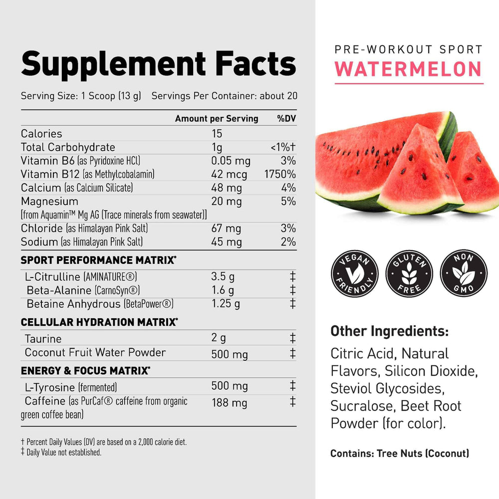Kaged Sport Pre Workout Watermelon ingredients list hints at citrulline and beta-alanine benefits.