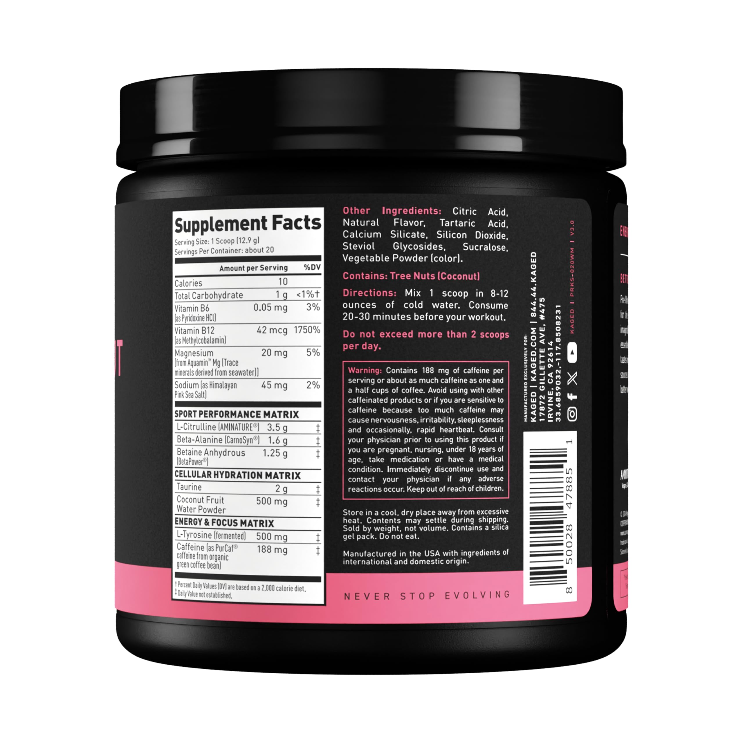 Kaged Sport Pre Workout Watermelon bottle on counter evokes ready-to-train readiness.