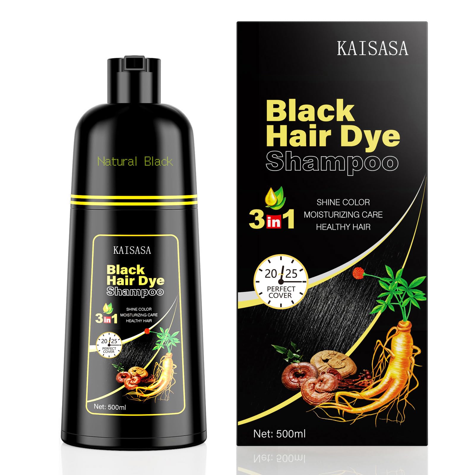 KAISASA black hair dye shampoo bottle demonstrates easy 3-in-1 color, cleanse, and condition.