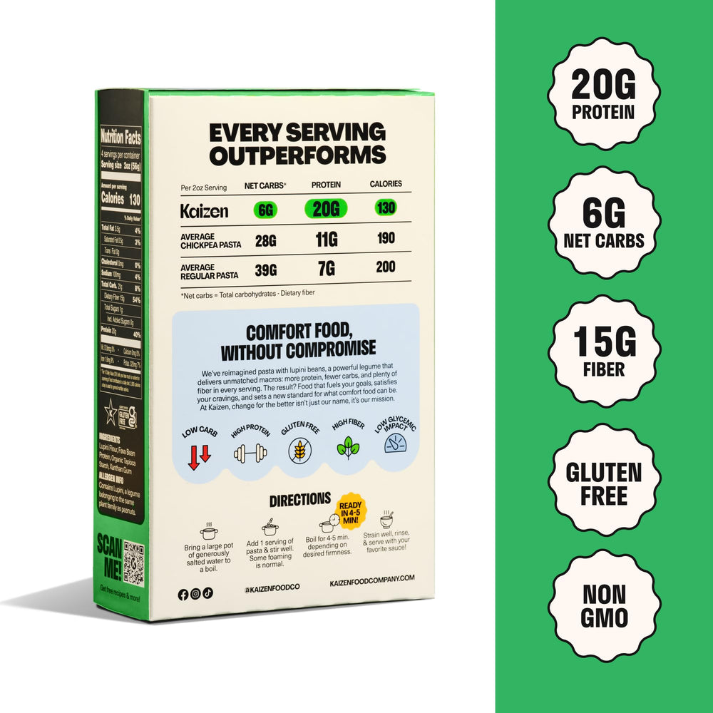 Kaizen Lupini pasta carton on the counter ready to cook.