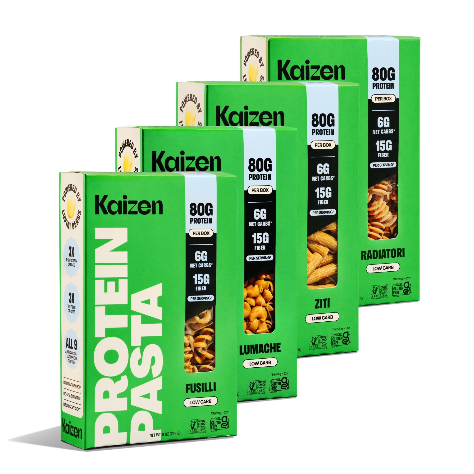Kaizen Protein Pasta Variety Pack box shows four shapes for high-protein, low-carb meals.