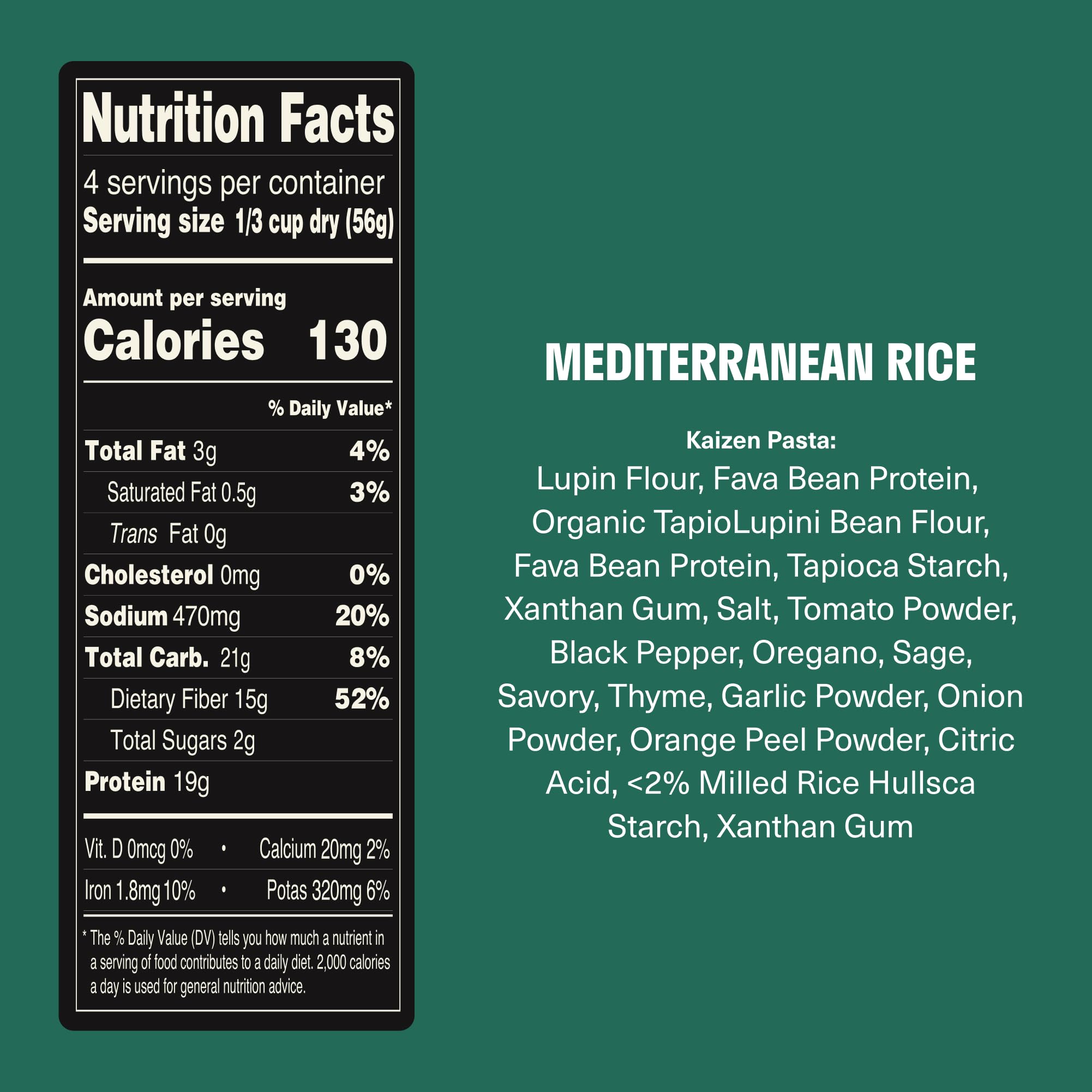 Kaizen Protein Rice ingredients highlight lupini beans and plant-based protein.
