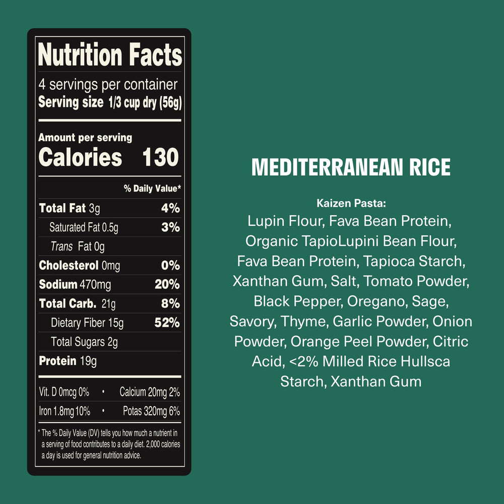 Kaizen Protein Rice ingredients highlight lupini beans and plant-based protein.