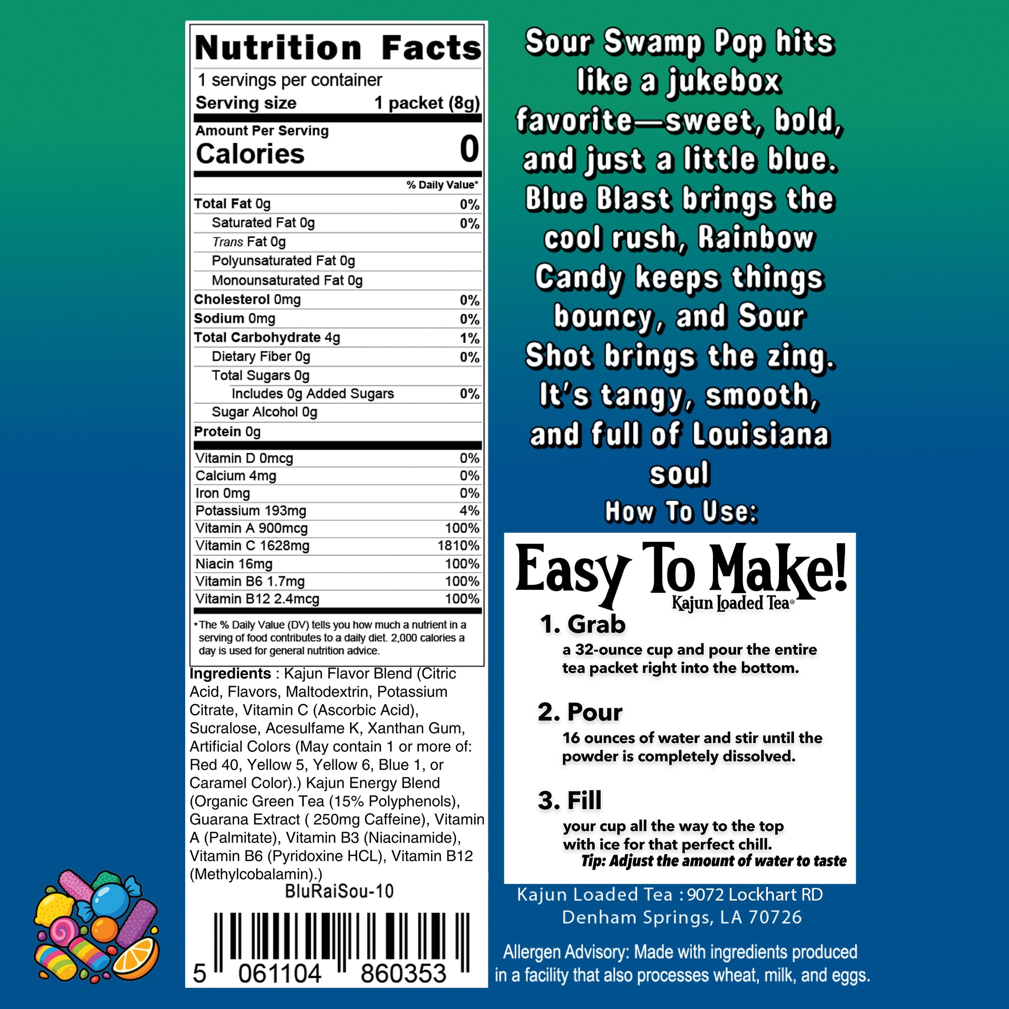 Kajun Loaded Tea Blue Blast packet highlights flavorful mix for quick on the go energy.