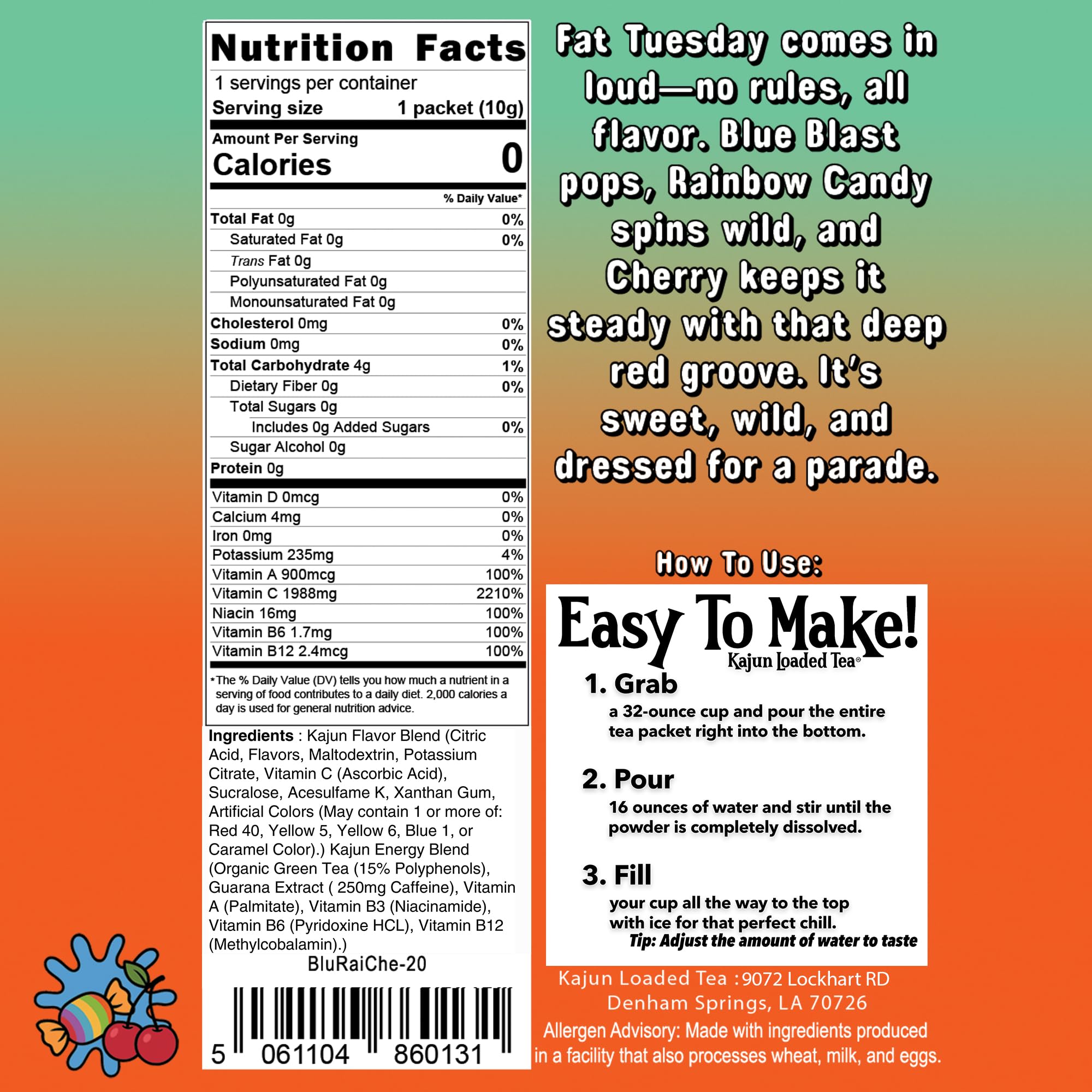 Kajun Loaded Tea Fat Tuesday Rainbow Candy offers fruity kick and color