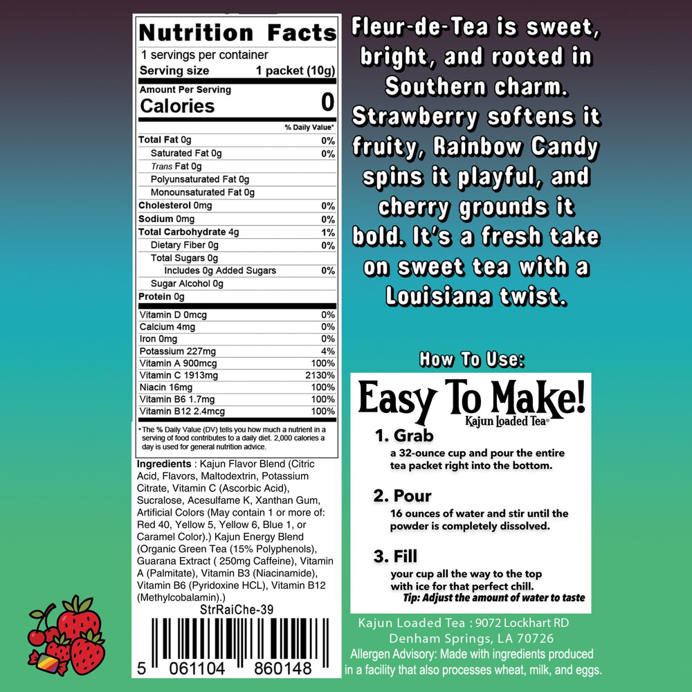 Kajun Loaded Tea Fleur-de-Tea rainbow candy, vibrant mix for a caffeine lift.