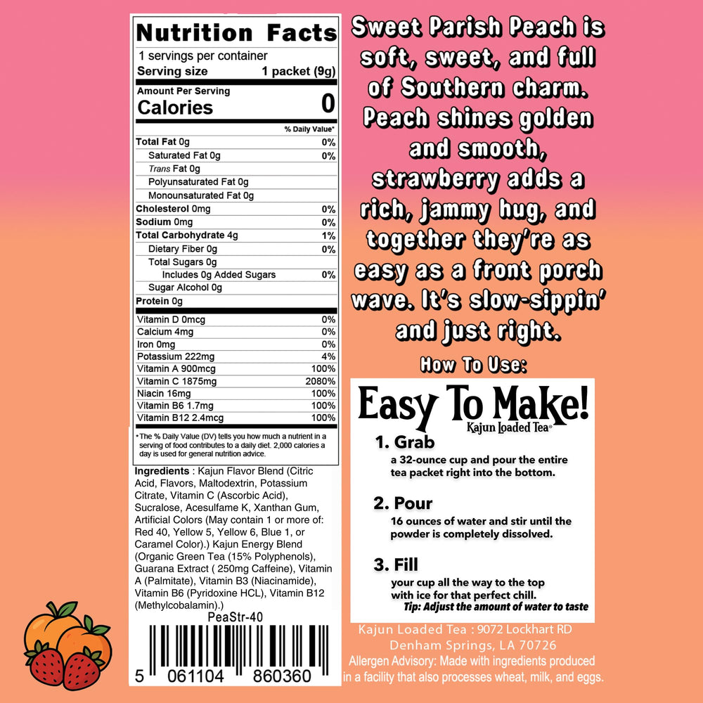 Kajun Loaded Tea Peach Strawberry packet closeup highlights convenient single-serve mix.
