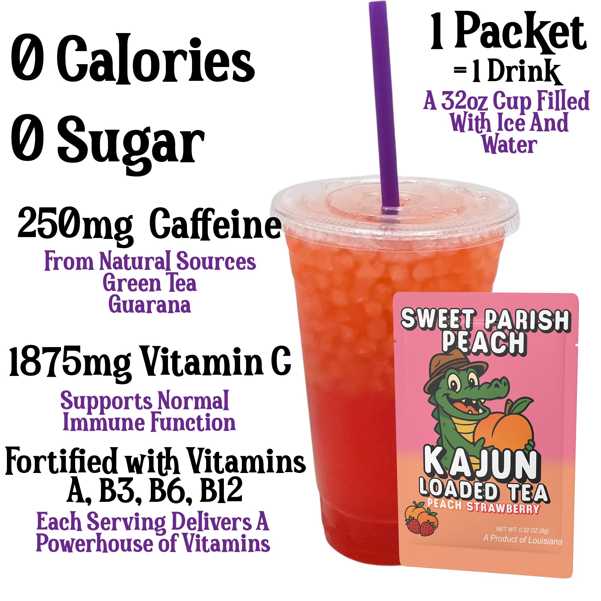 Kajun Loaded Tea ready-to-drink glass demonstrates refreshing zero-calorie flavor.