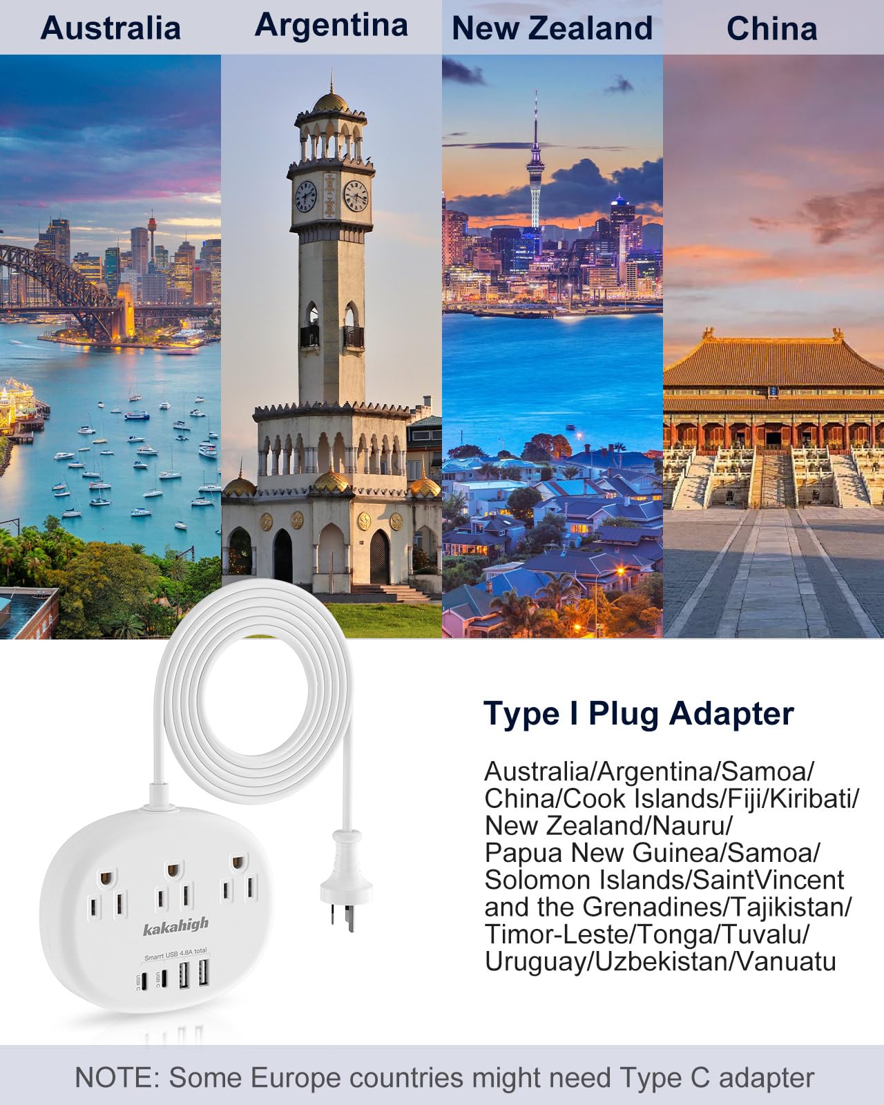Kakahigh Type I plug adapter for USA to Australia use, ideal for travelers.