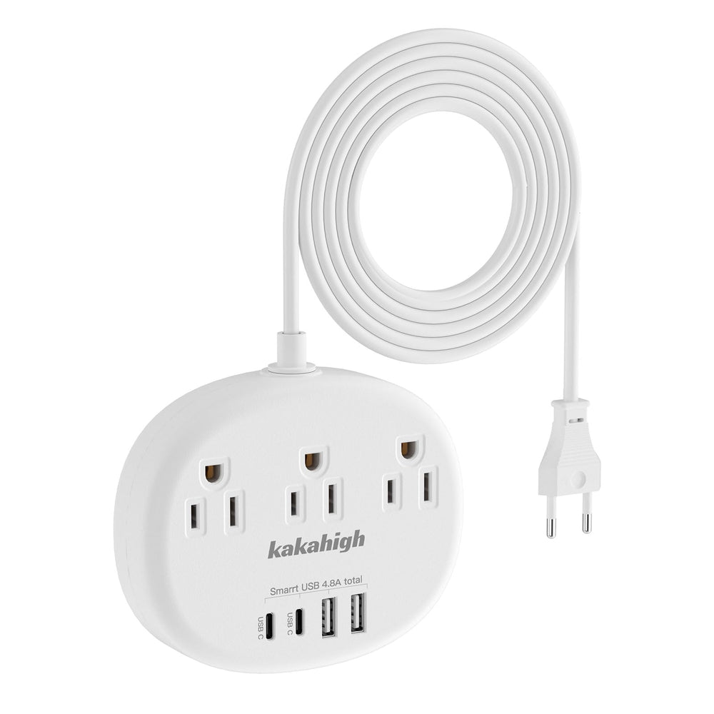 Kakahigh European travel plug adapter side view, compact for easy packing.