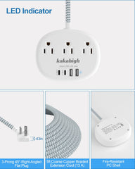 Kakahigh extension cord with 3 outlets and 4 USB ports for dorm room versatility.