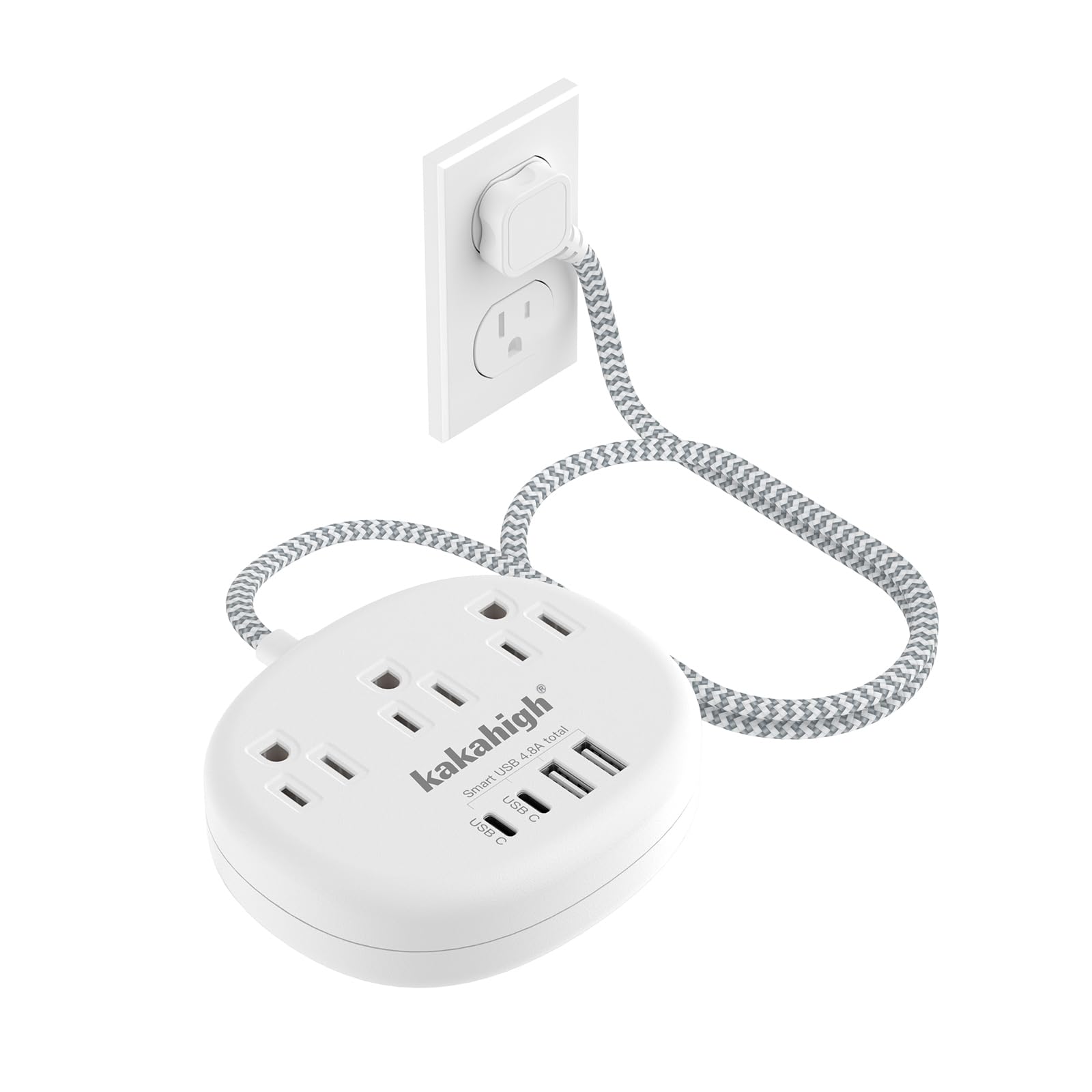 Kakahigh extension cord with USB-C ports powering multiple devices safely.