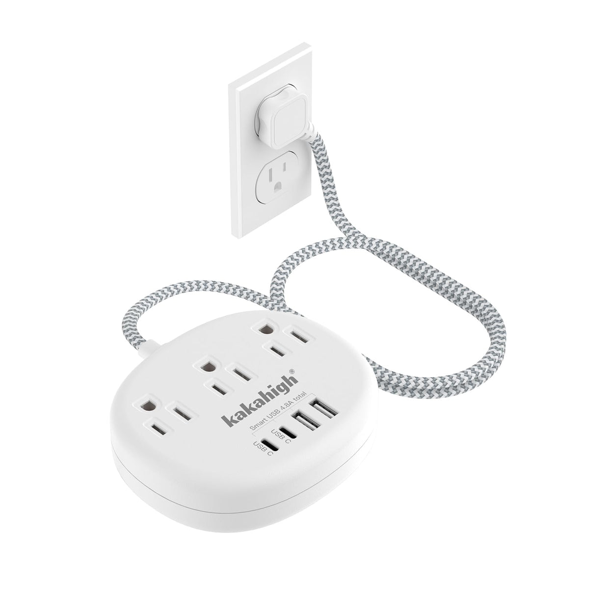 Kakahigh extension cord with USB-C ports powering multiple devices safely.