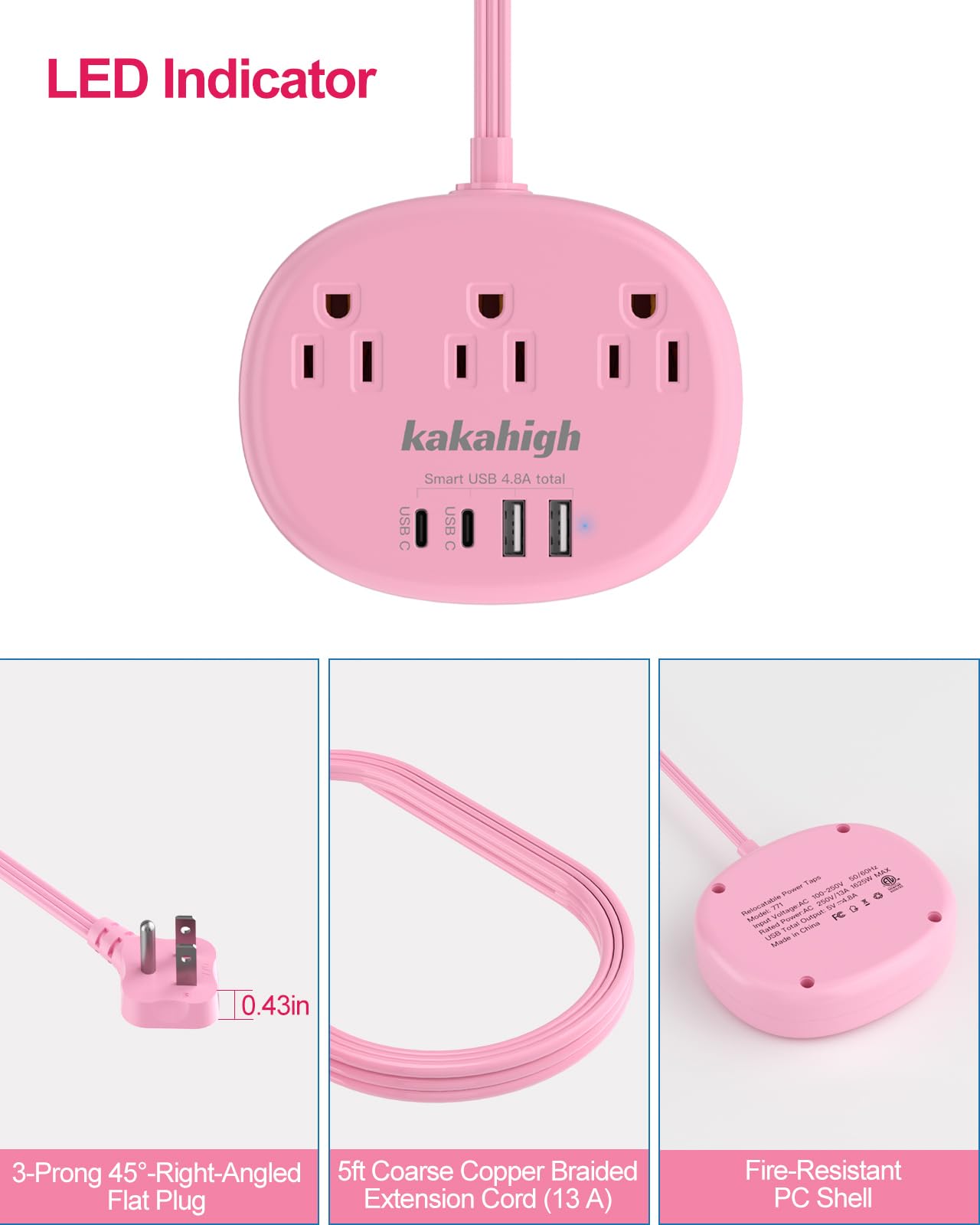 Kakahigh pink extension cord with angled plug design.