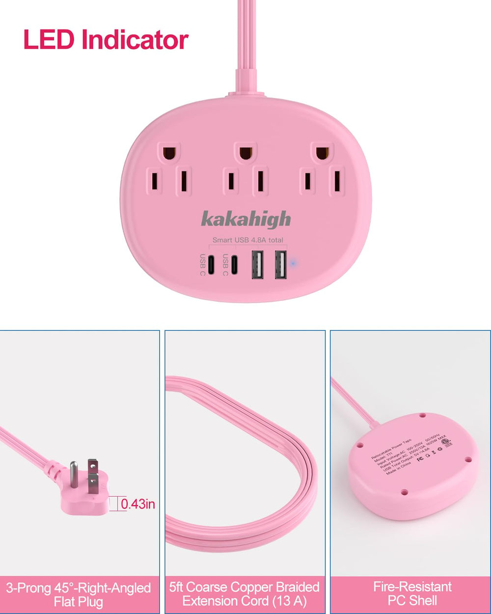 Kakahigh pink extension cord with angled plug design.