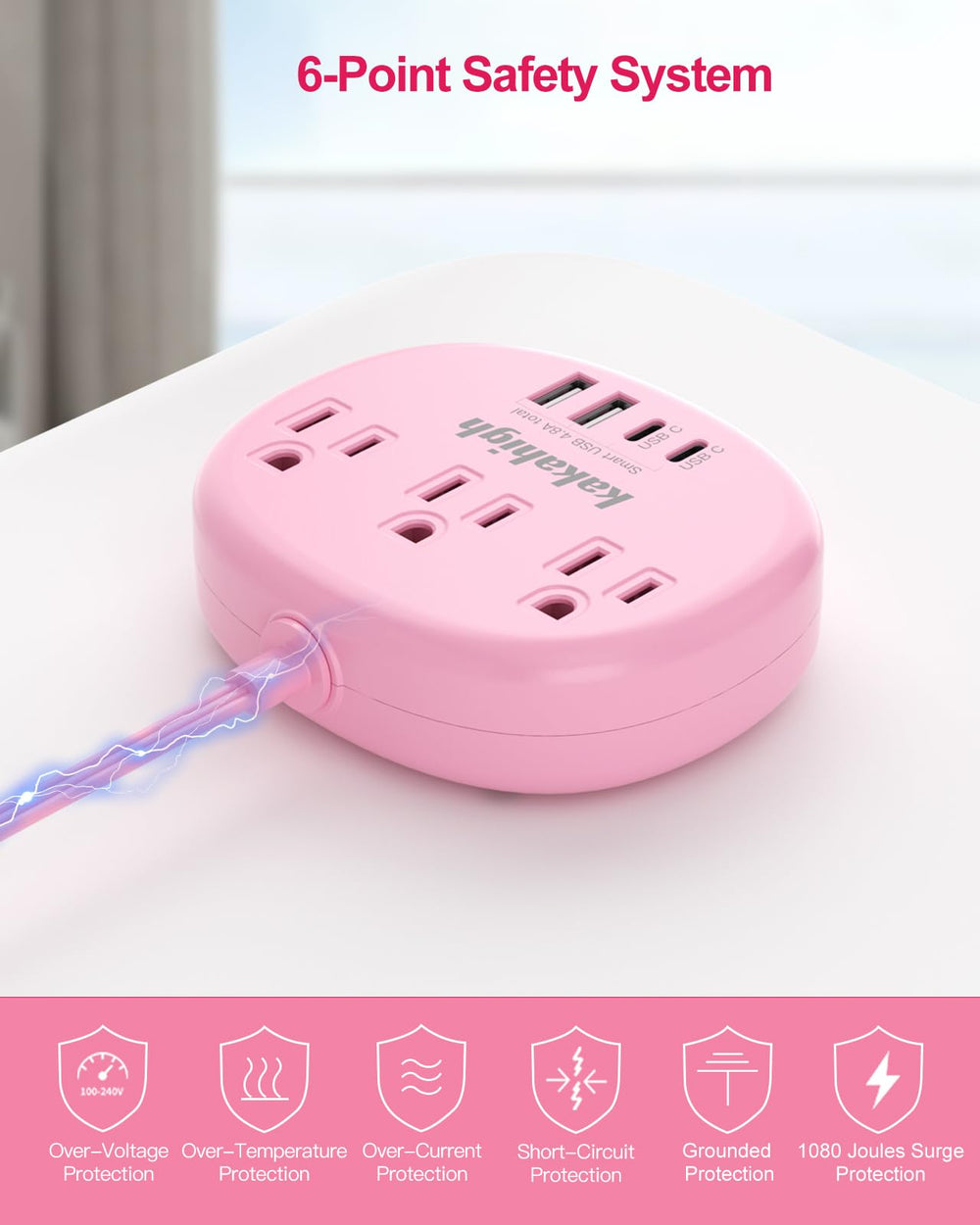 Kakahigh pink power strip with fire-resistant shell.