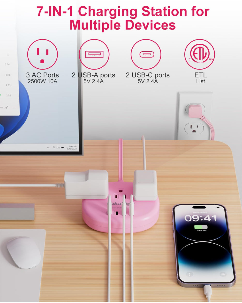 Kakahigh pink power strip with 4 USB ports and USB-C.