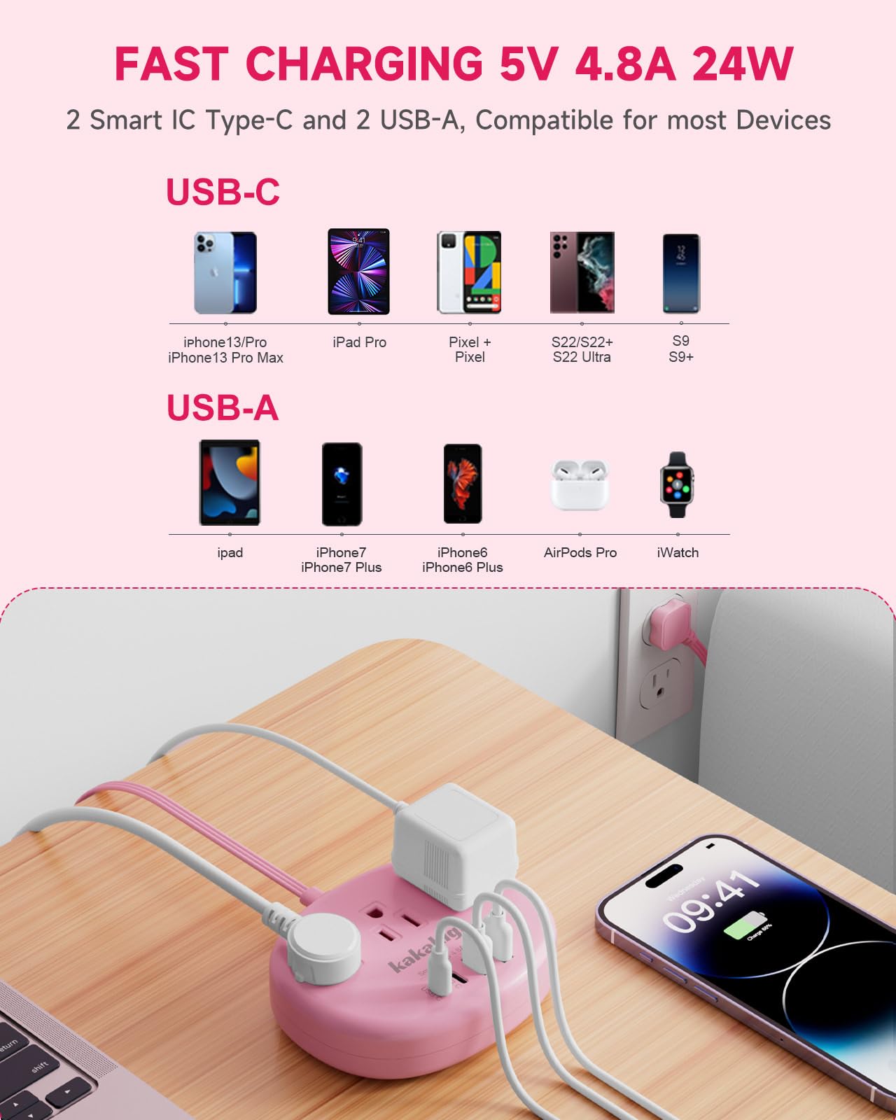 Kakahigh pink 3-outlet power strip for easy desk setup.