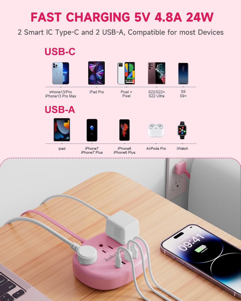 Kakahigh pink 3-outlet power strip for easy desk setup.