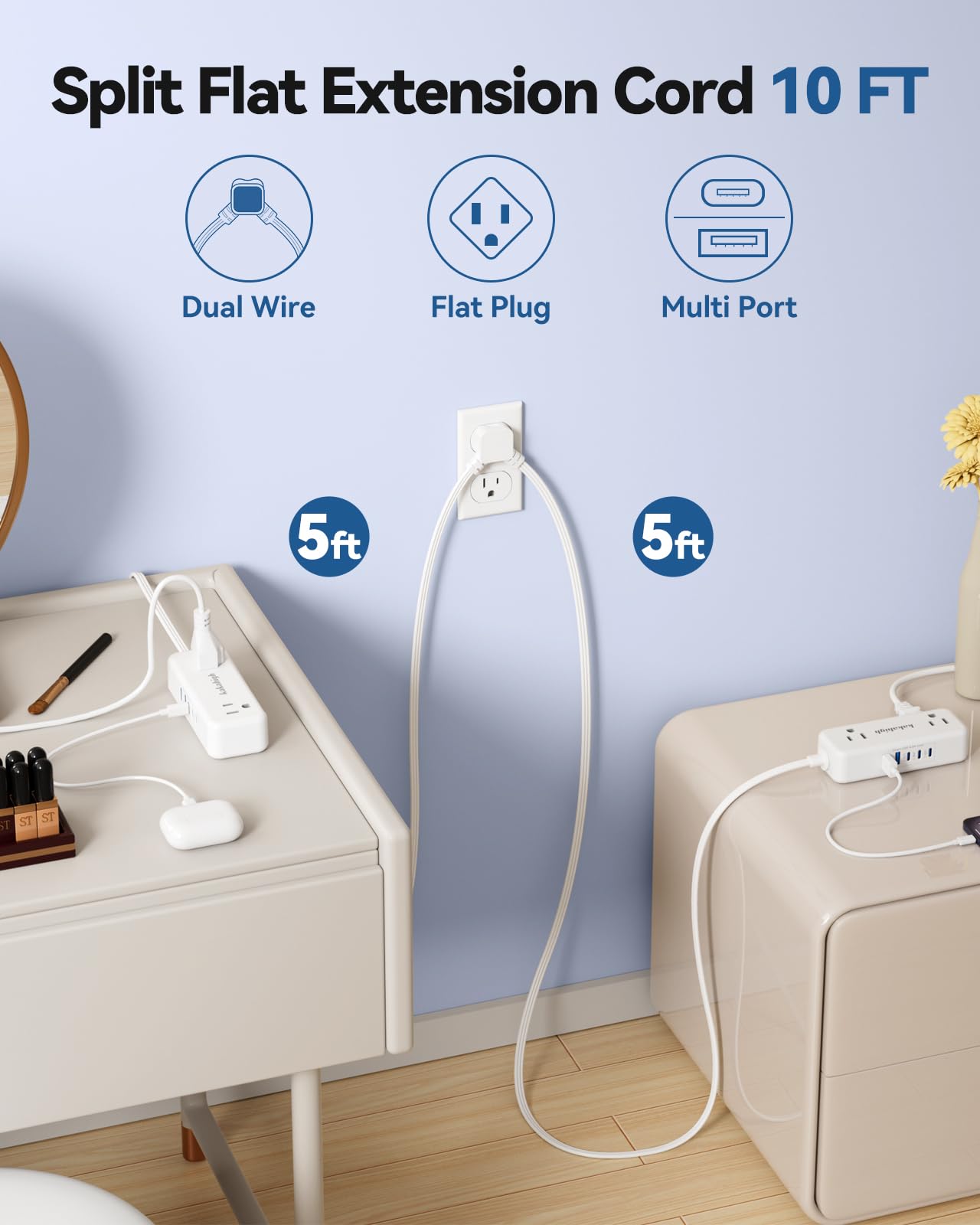 Kakahigh split extension cord right side with multiple outlets for dorm charging.