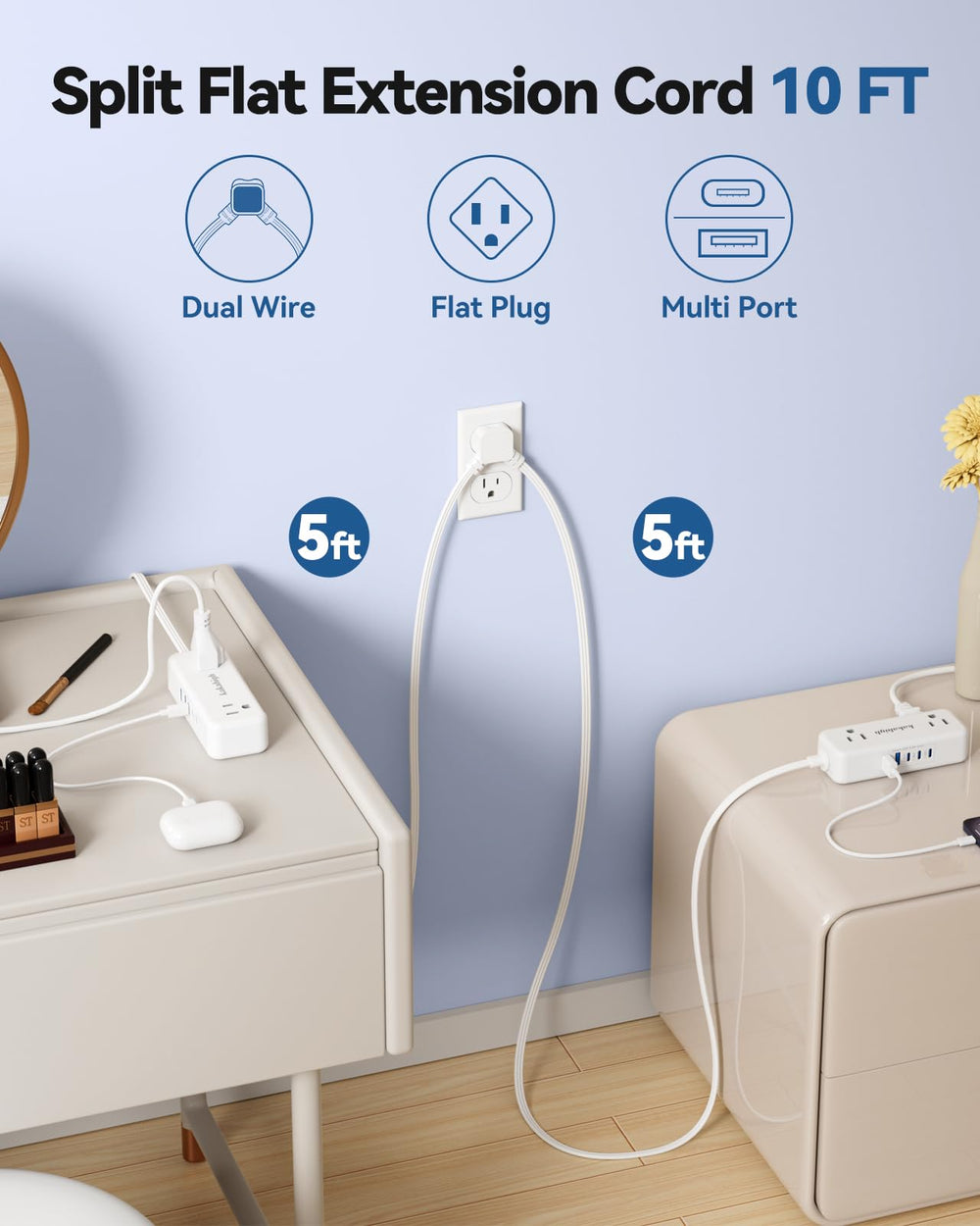 Kakahigh split extension cord right side with multiple outlets for dorm charging.