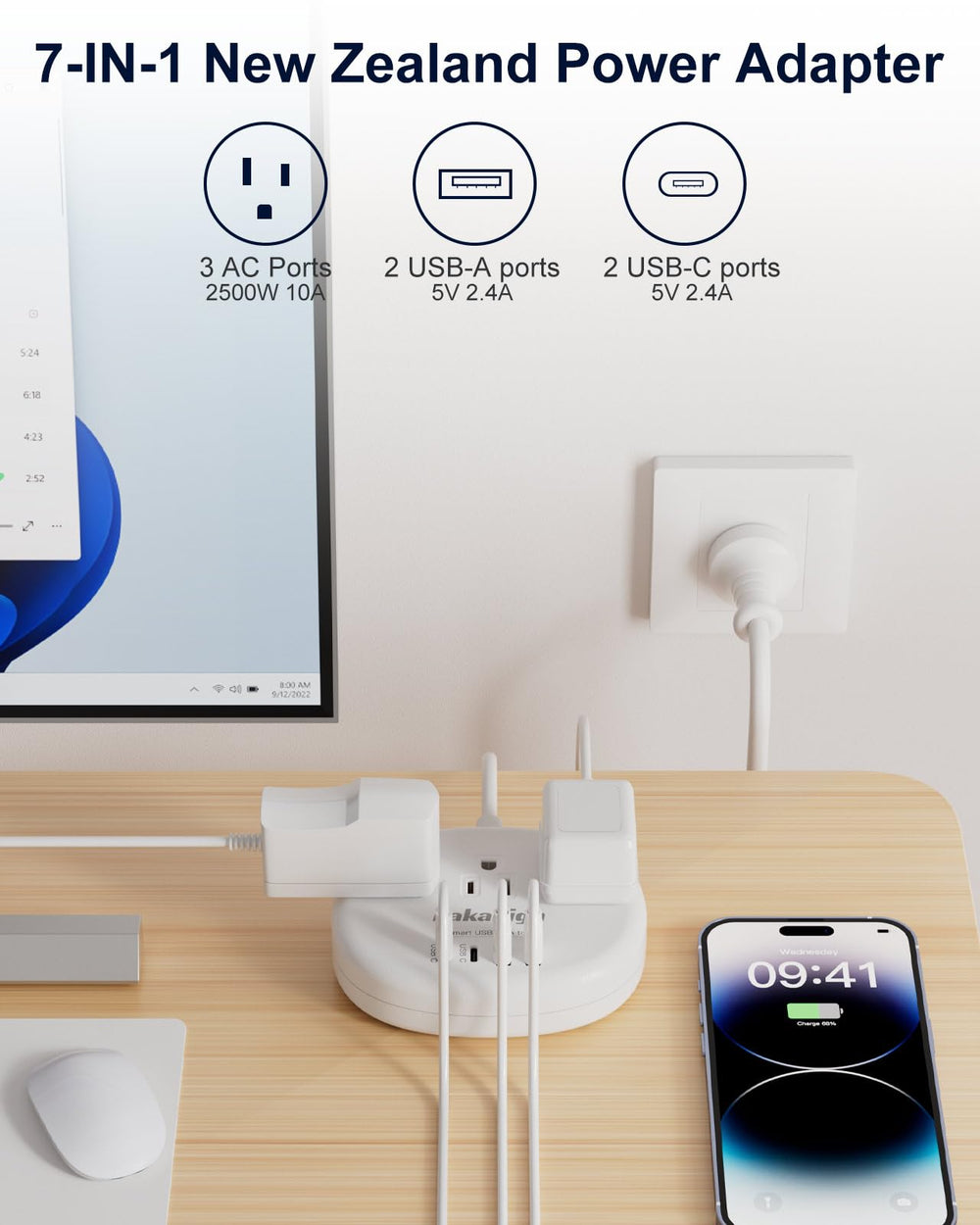 Kakahigh travel adapter with long cord for flexible placement.