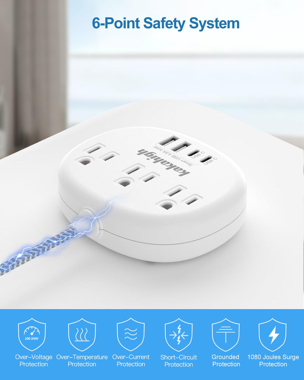 Kakahigh 45-degree angle plug keeps outlets flush against wall.