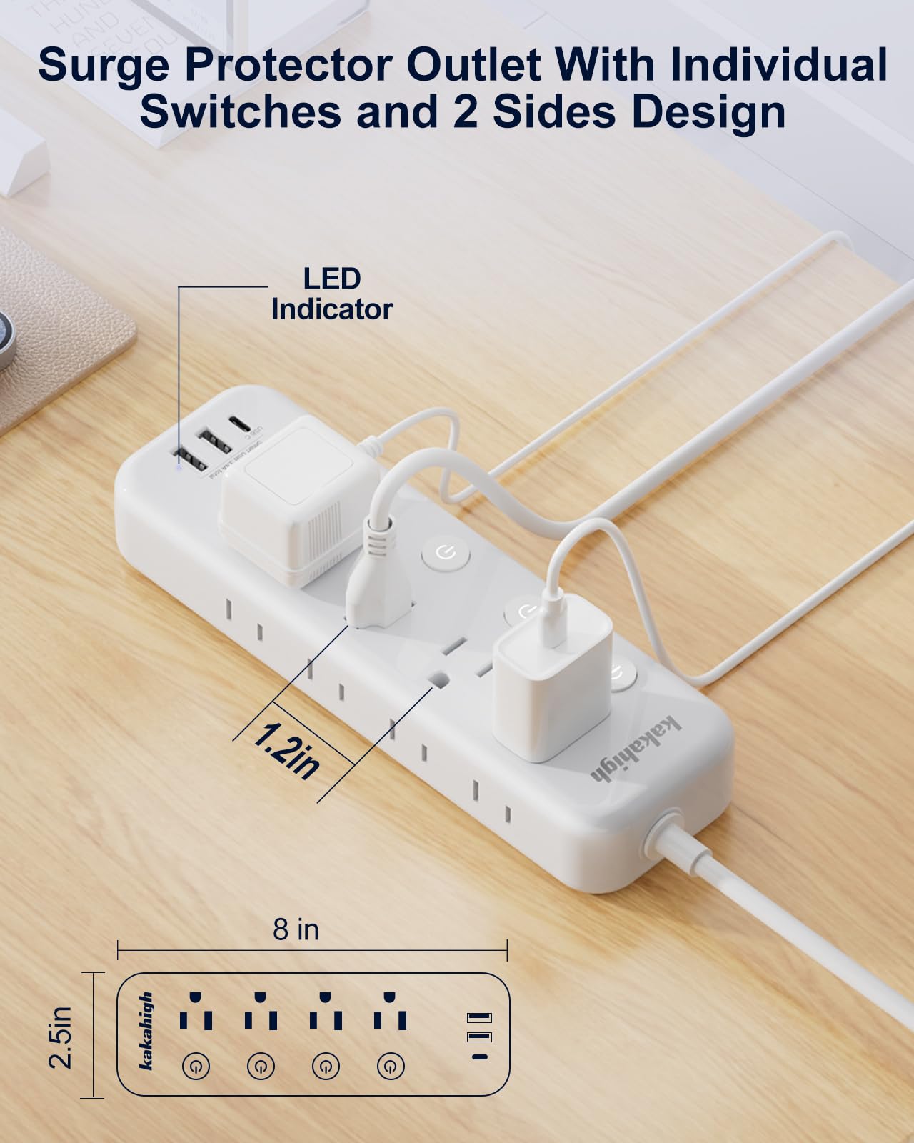Kakahigh wall-mount power strip with mounting holes for clutter-free setup