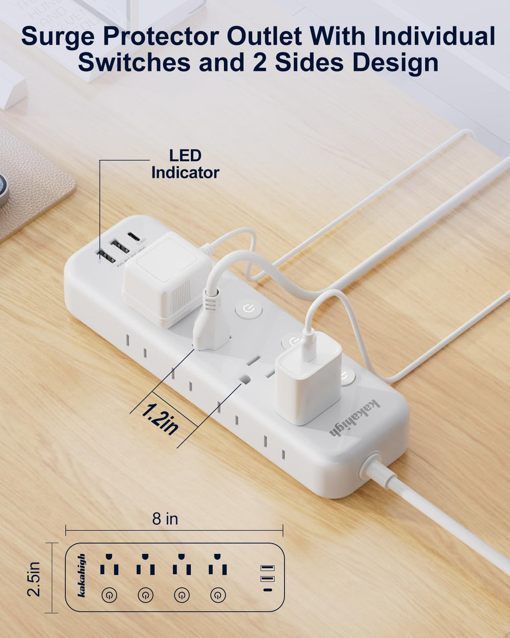 Kakahigh wall-mount power strip with mounting holes for clutter-free setup
