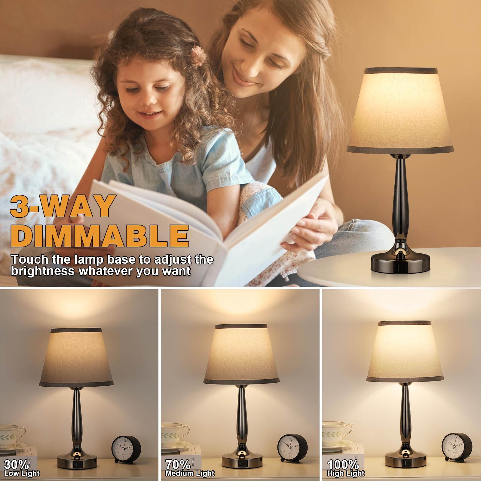 Kakanuo bedside lamp with dual USB ports charges two devices anytime.