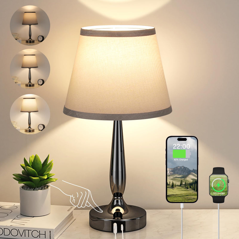 Kakanuo touch table lamp with gray shade for cozy bedside lighting and USB charging.