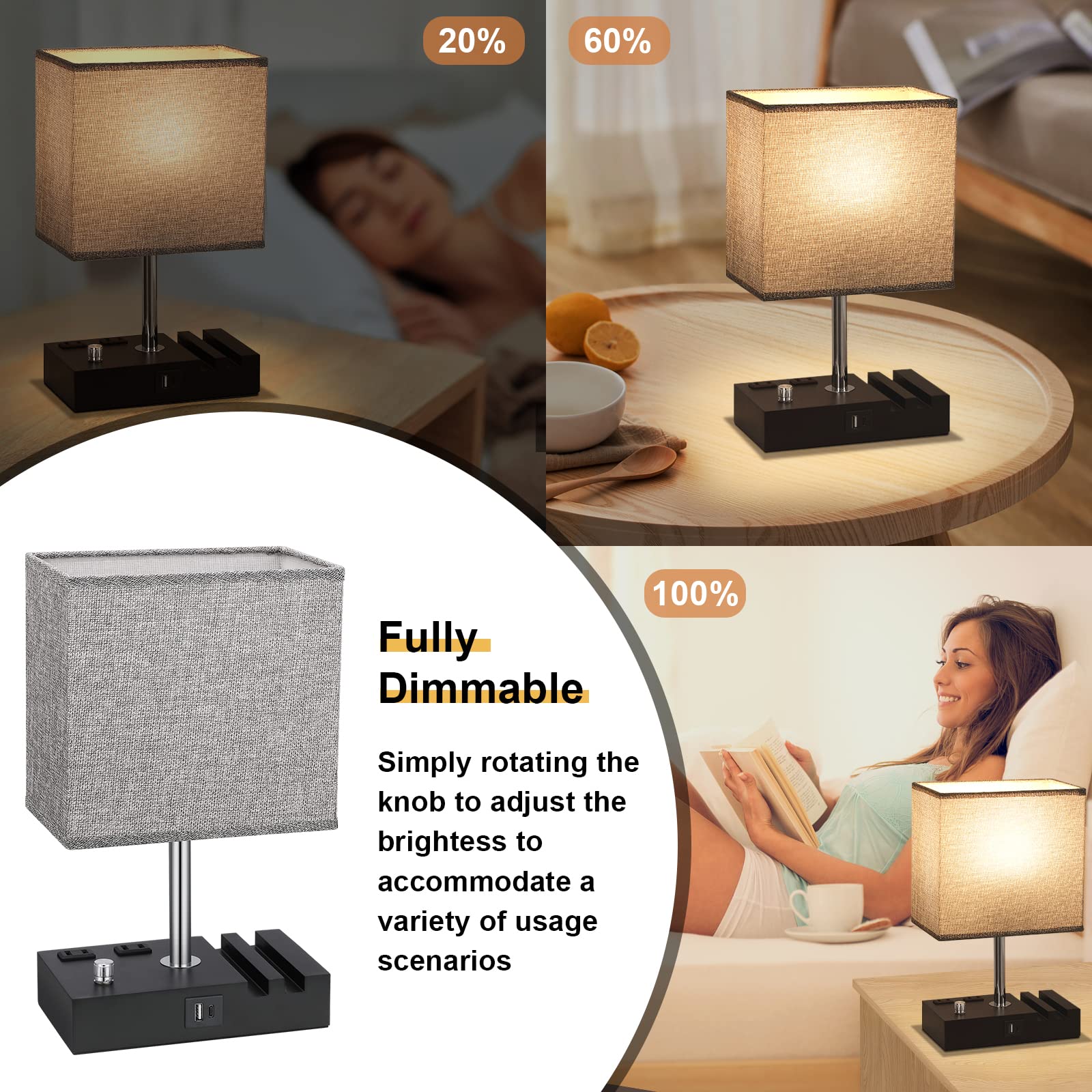 Kakanuo bedside lamp USB-C port charges multiple devices at once.