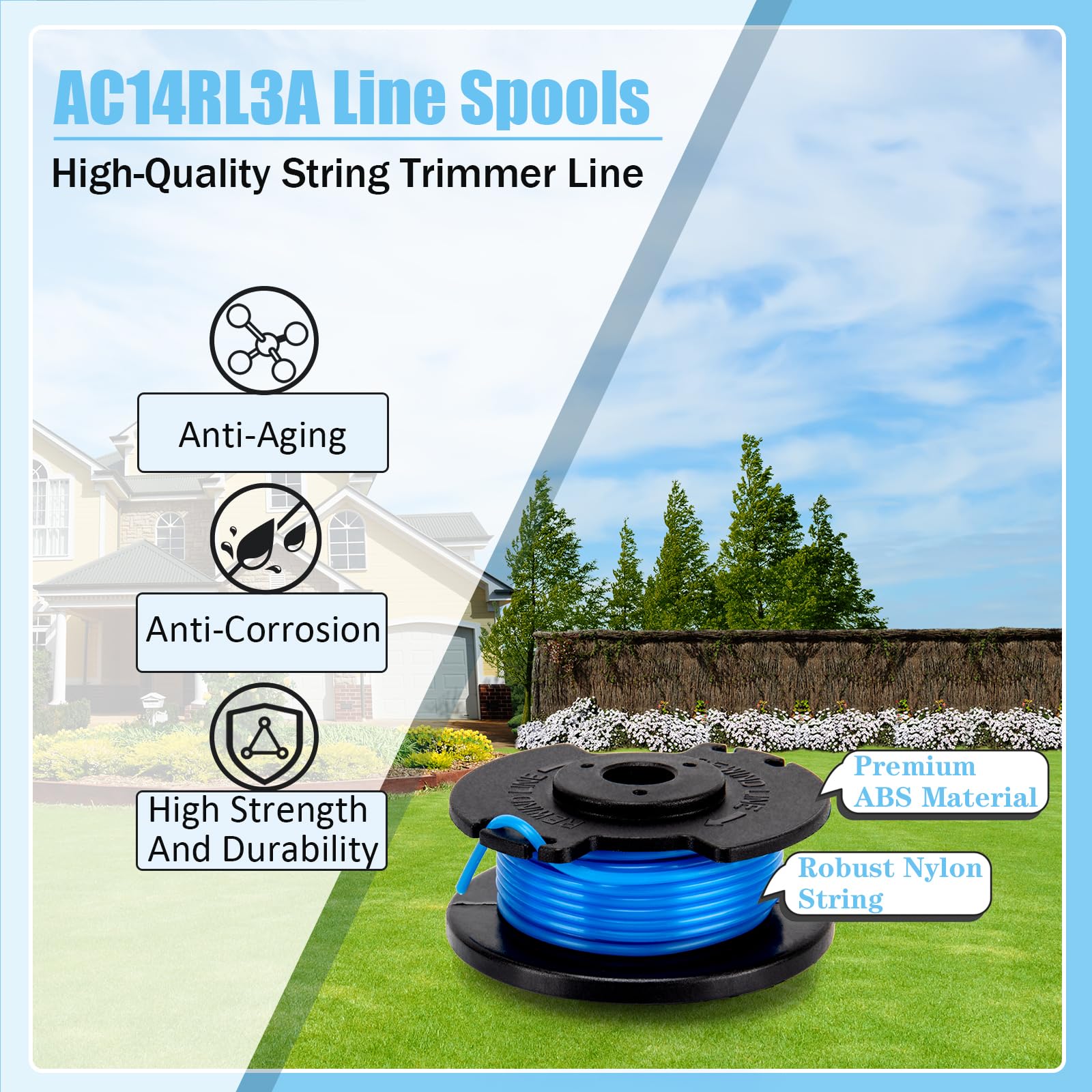 KAKO AC14RL3A spool assembly showing pre-wound nylon line for easy replacement.