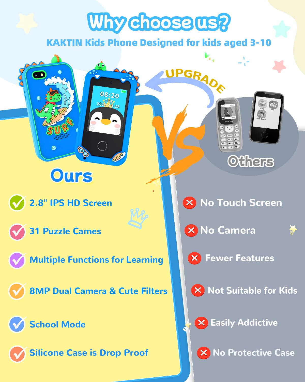 KAKTIN toy phone offering 4-6 hours of playtime on a full charge