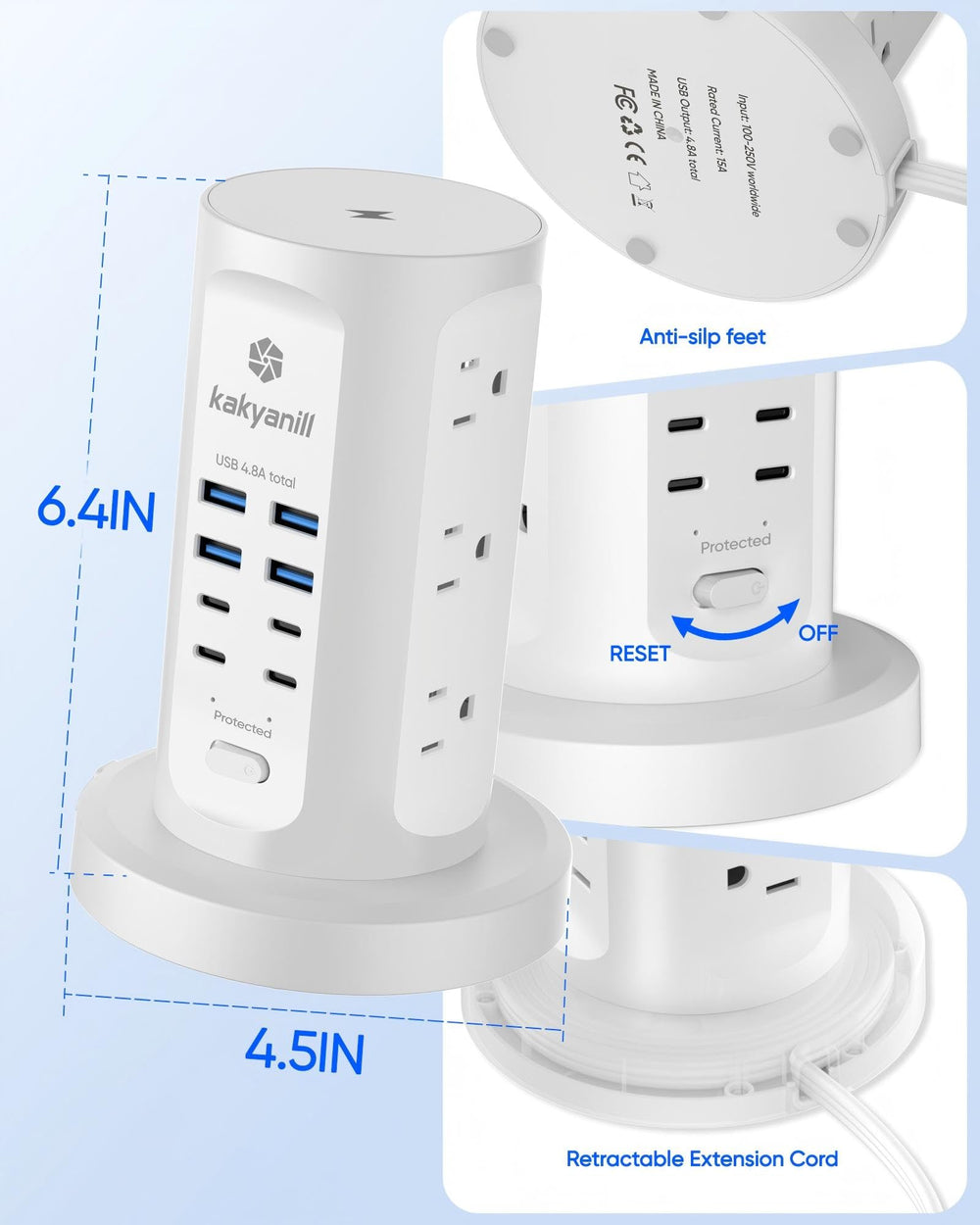 Kakyanill dorm-room friendly tower supports many devices without cord clutter.