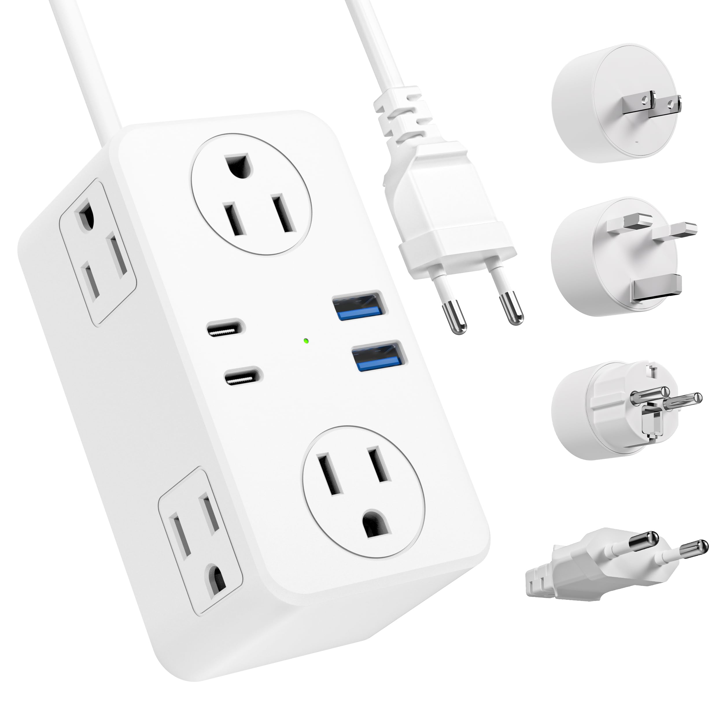 Kakyanill travel plug adapter front view with six outlets for multiple devices