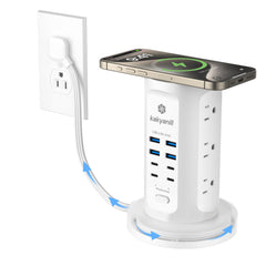 Kakyanill power strip tower with nine outlets and eight USB ports for organized charging.
