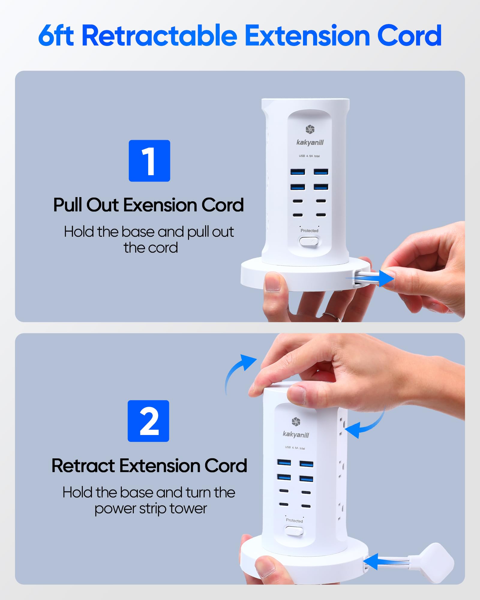 Kakyanill power strip tower USB ports keep devices organized and within reach.