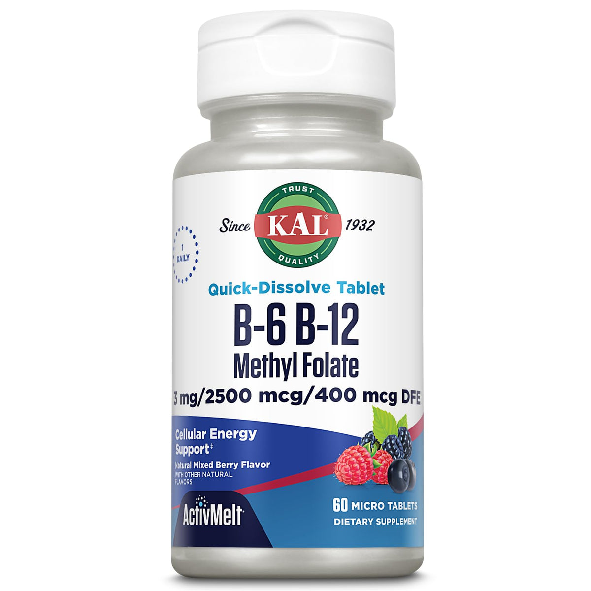 KAL ActivMelt bottle front showing berry-flavored B vitamin tablets for energy support.