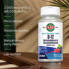 KAL B12 ActivMelt bottle with label highlighting packaging and quality.