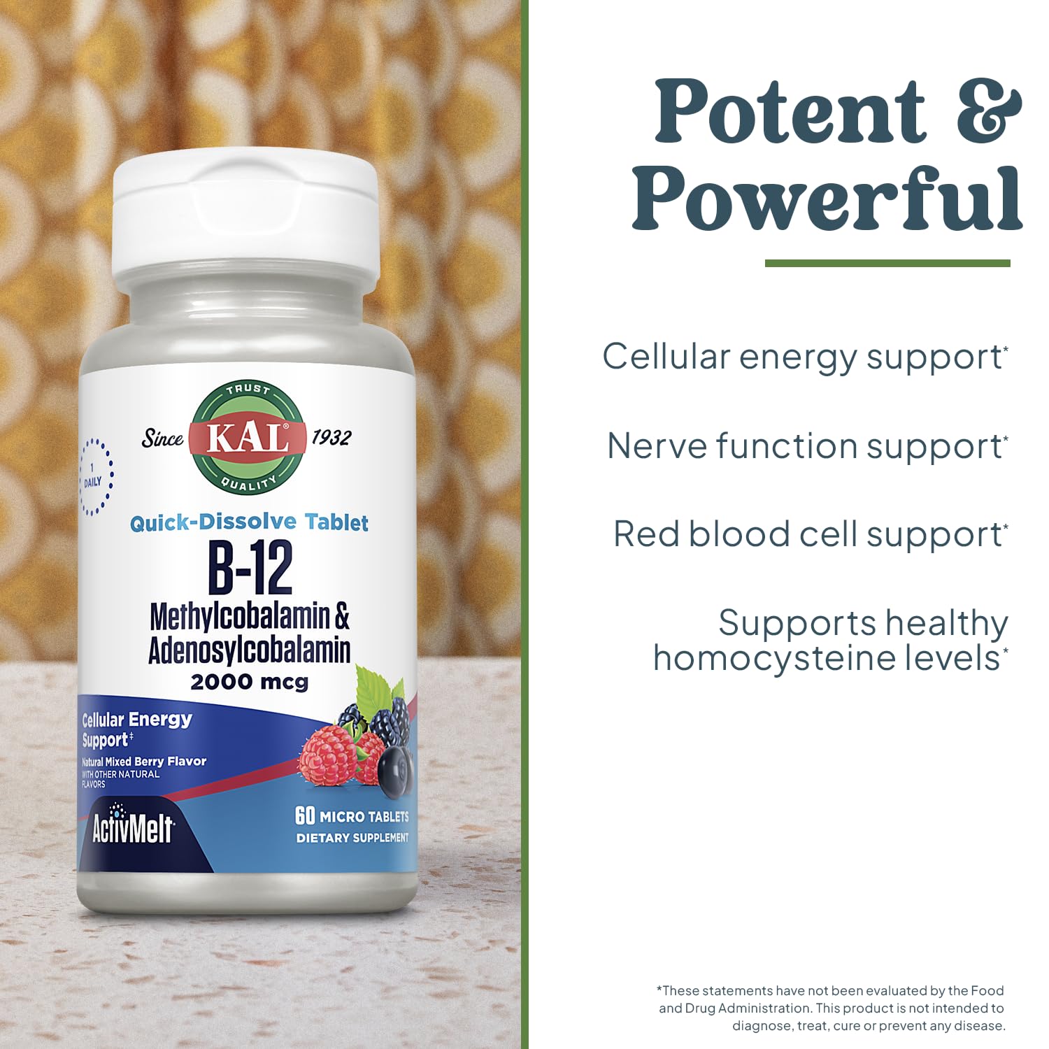KAL B12 ActivMelt tablet dissolves quickly in the mouth for convenience.