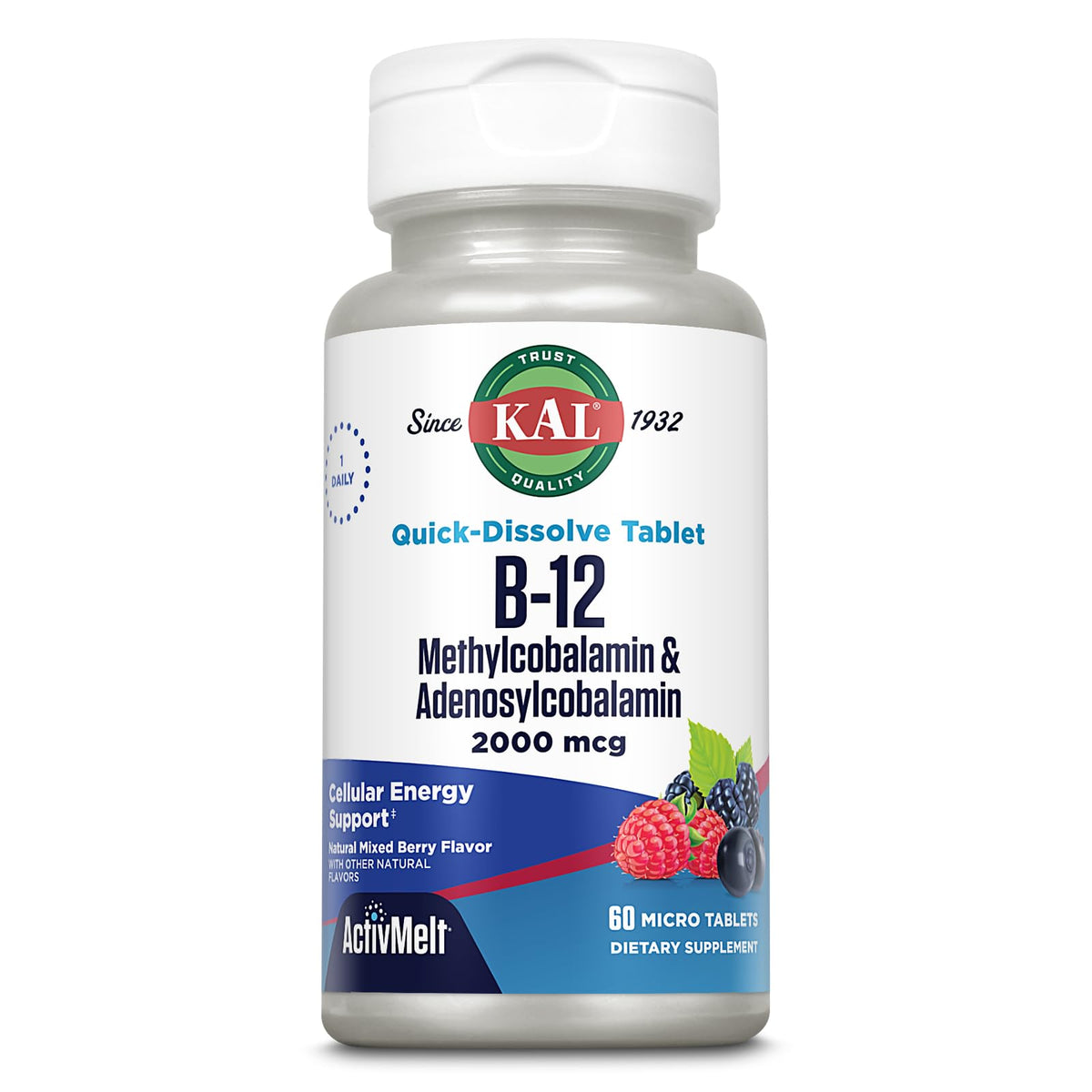 KAL B12 ActivMelt micro tablets dissolve for on-the-go energy support.